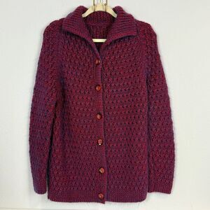 Handmade Chunky Knit Cardigan Sweater Maroon Purple Marled M/L
